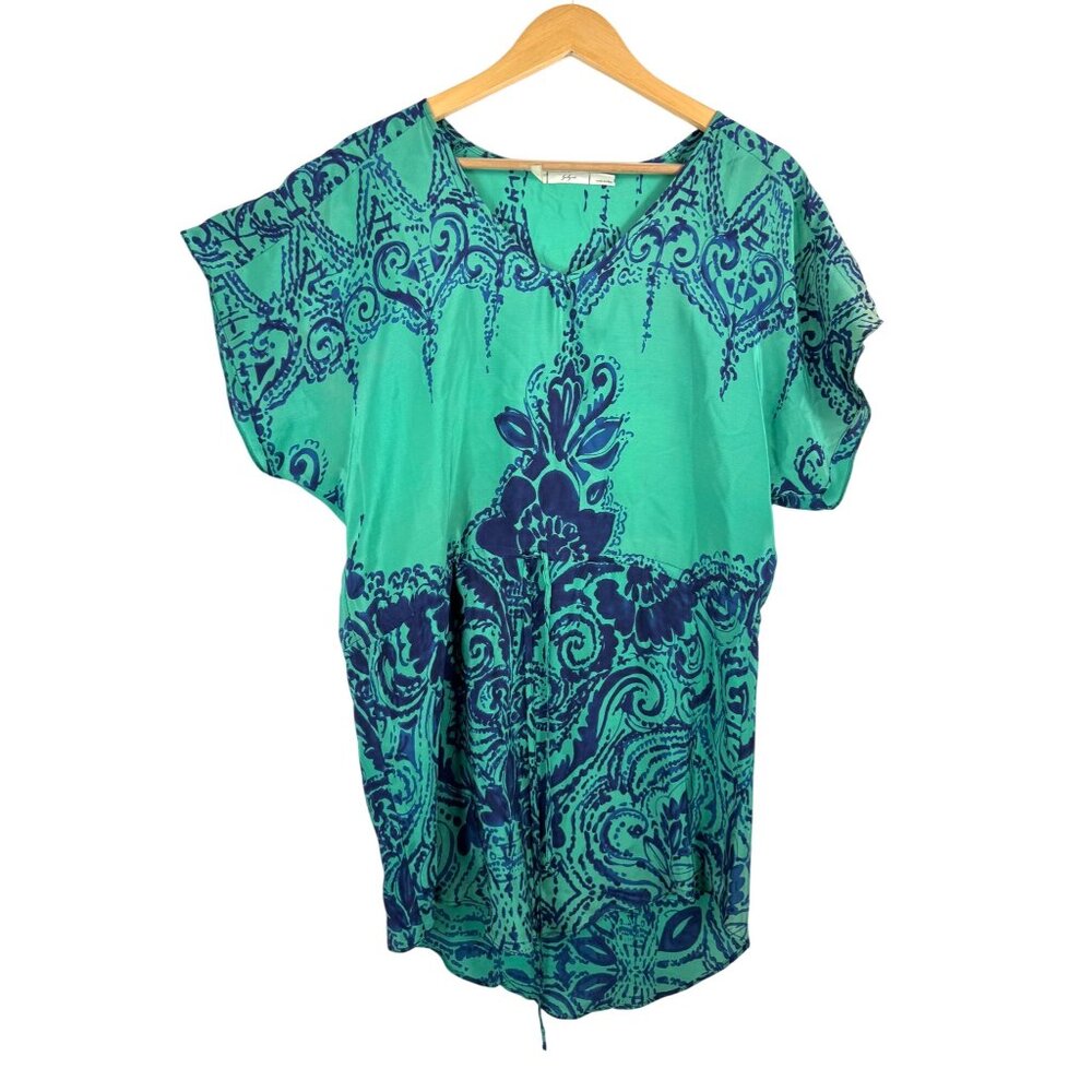 Gibson 100% SILK boho‎ relaxed tunic paisley print teal sz M